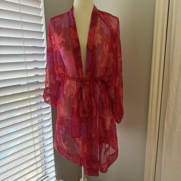 Victoria’s Secret Women’s Size OS Robe Chiffon Sheer Red Pink Floral Intimate - Picture 12 of 12